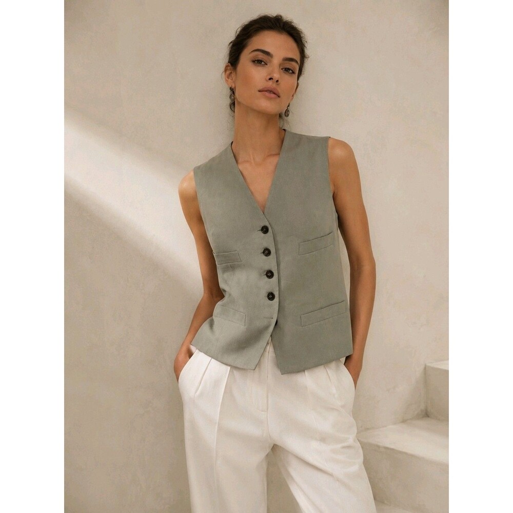 NWT Brunello Cucinelli Vest IT 42/ US 6 Sage Green Linen Blend Top Luxury Modern